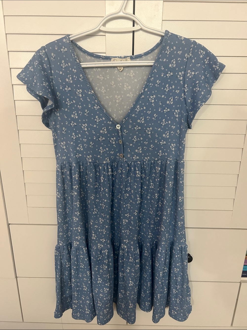 Girls' Blue Floral V-Neck Tiered Dress